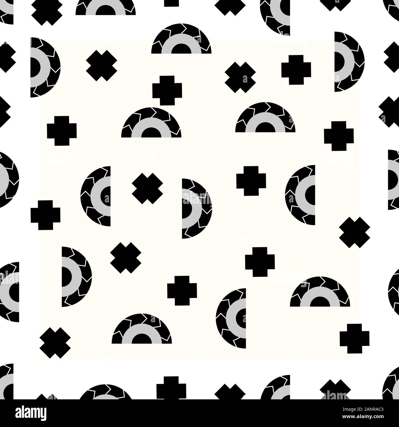 Seamless black and white half circle and cross shape pattern. Geometric elements repeat background. Stock Vector
