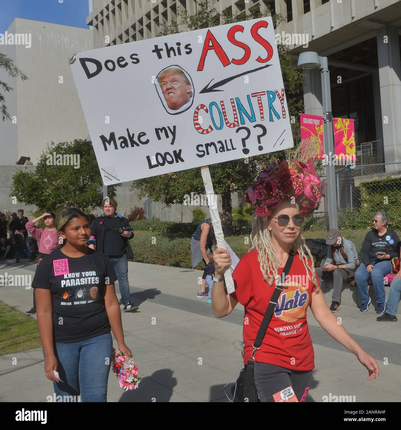 Los Angeles, USA. 18th Jan, 2020. Thousands of women attended the fourth annual Women's March LA: Women Rising to demand the next president have a clear agenda to advance women's rights at City Hall on Saturday, January 18, 2020 in Los Angeles. Similar marches were held across the nation as they have each year since 2017 in connection with President Donald Trump's inauguration. The march was organized by the Women's March LA Foundation, which described its mission as "Continuing the important work of highlighting the struggles of marginalized communities and all attacks on human rights. Credit Stock Photo