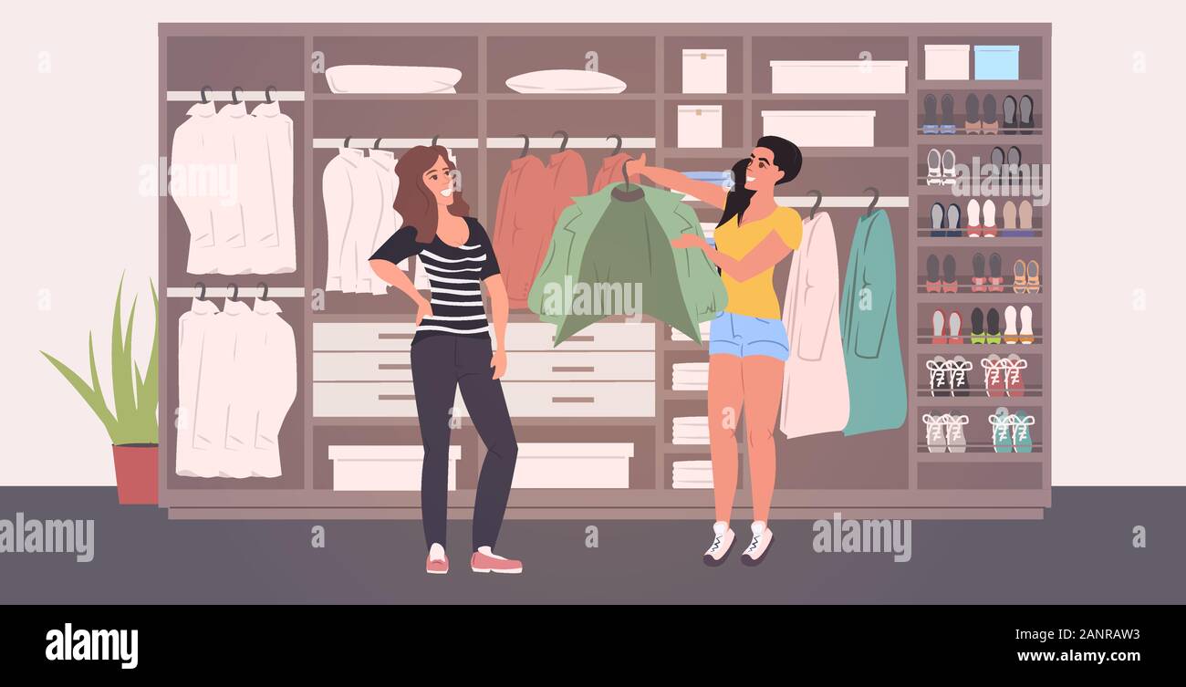 fashion stylist helping woman picking outfit in changing room wardrobe with different stylish shoes and clothes modern dressing room interior horizontal full length vector illustraton Stock Vector