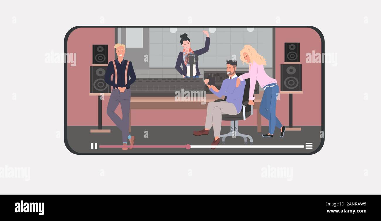 Broadcasting Horizontal mix race people performing in recording studio men women streaming live ...