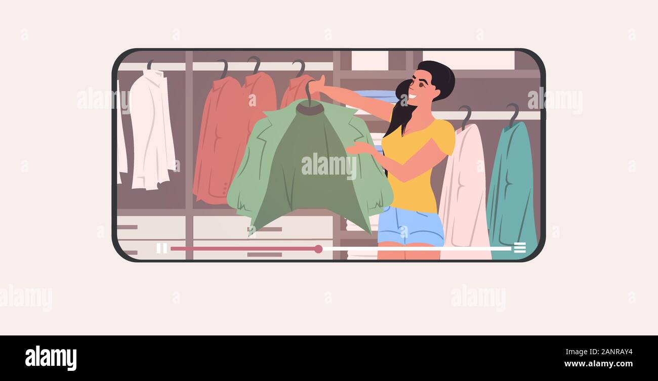 fashion stylist holding jacket in changing room wardrobe with different stylish clothes modern dressing room interior horizontal smartphone screen mobile app portrait vector illustraton Stock Vector