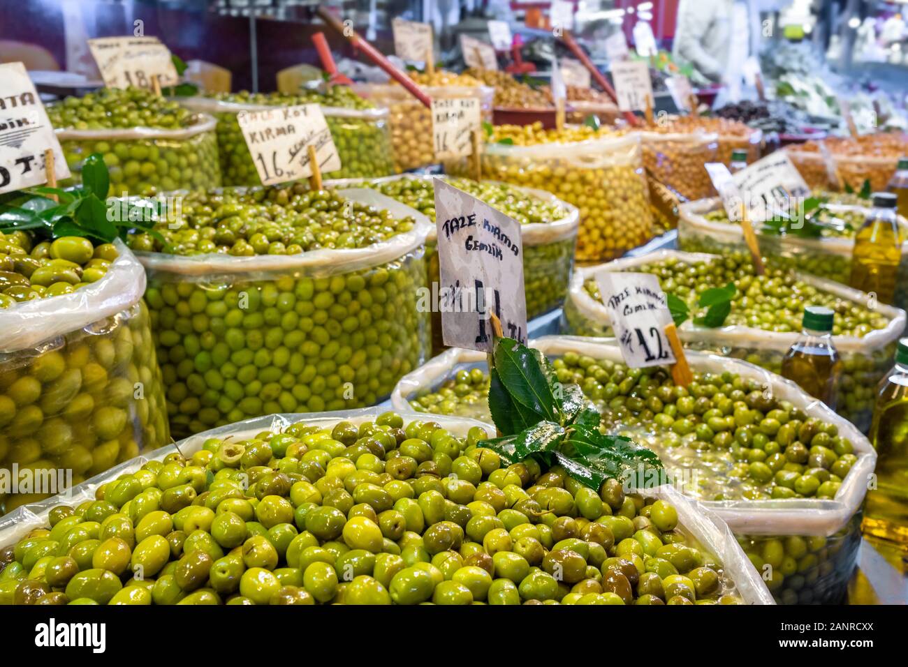 Assorted green and black olives at Turkish farmers market.  Stock Photo