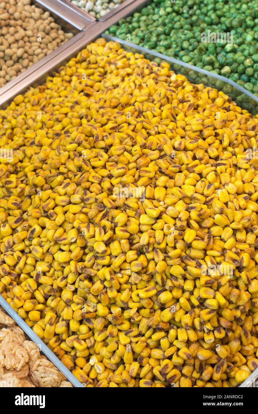 Roasted corn kernels on display in Mahane Yehuda market Stock Photo
