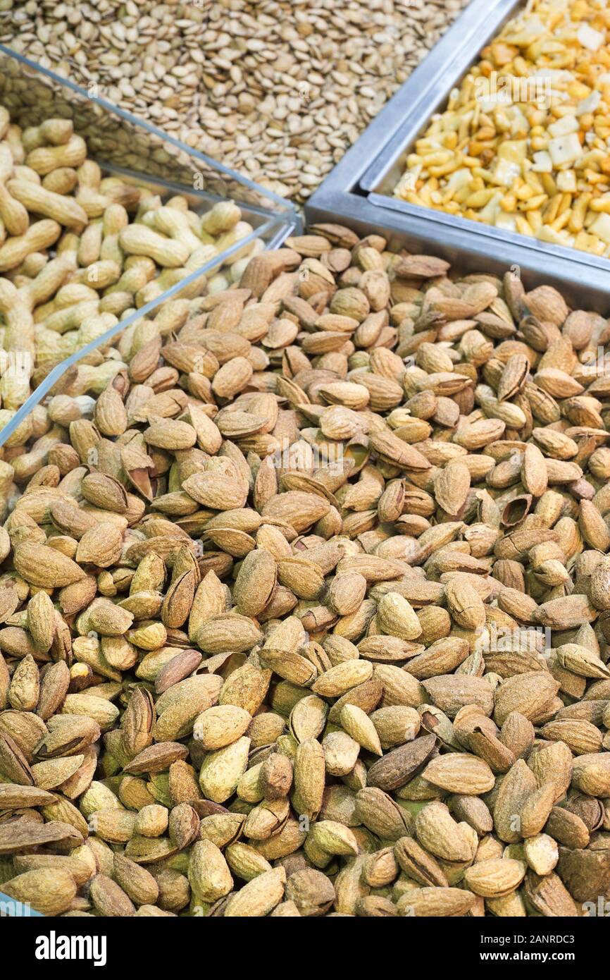 Soft shell almonds on display in Mahane Yehuda food market, Jerusalem, Israel Stock Photo