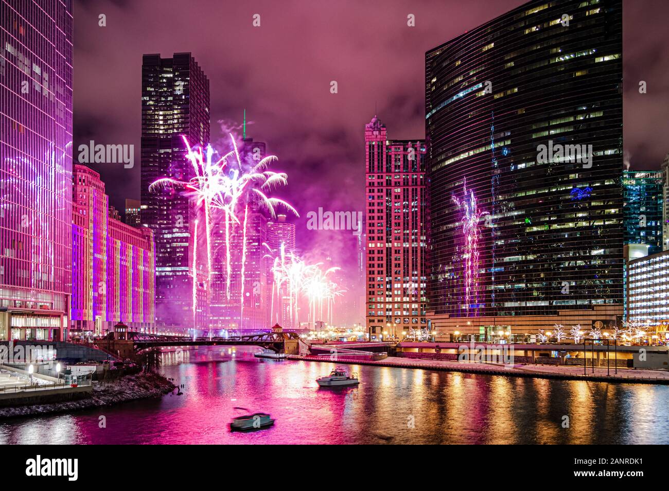 A beautiful celebration with fireworks near the Chicago River at Wolf