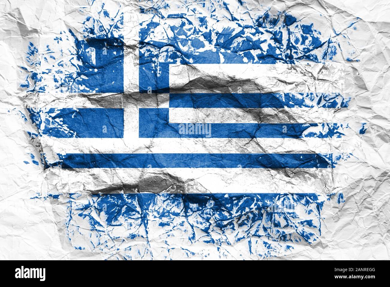 The national flag of the Greece  is painted on crumpled paper. Flag printed on the sheet. Flag image for design on flyers, advertising. Stock Photo