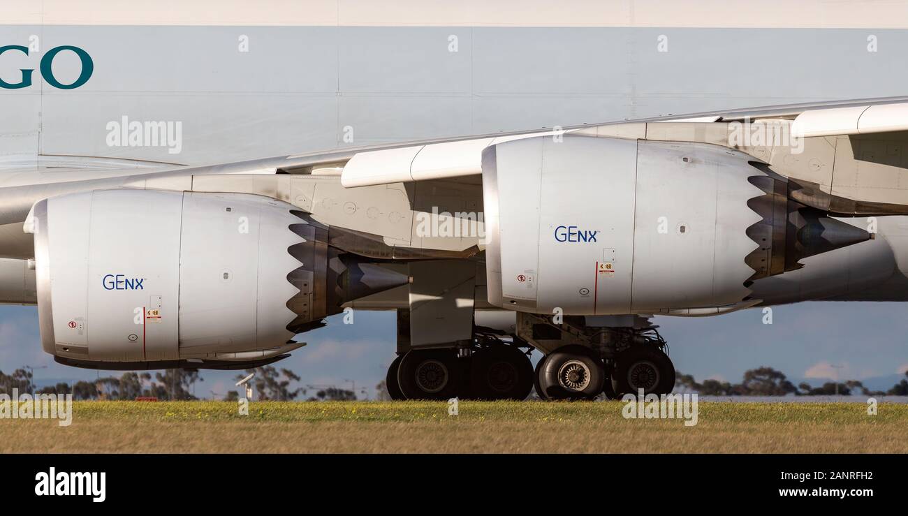 General Electric GEnx large jet engines on Boeing 747-8 cargo aircraft. Stock Photo