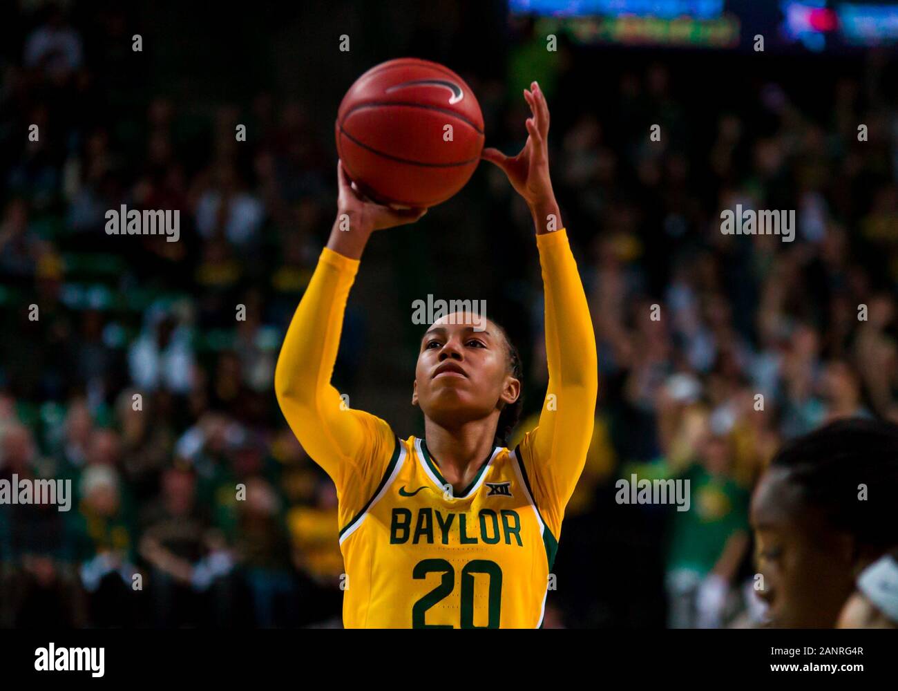 Waco, Texas, USA. 18th Jan, 2020. Baylor Lady Bears guard Juicy Landrum (20) shoots a free throw during the 2nd half of the NCAA Women's Basketball game between West Virginia Mountaineers and the Baylor Lady Bears at The Ferrell Center in Waco, Texas. Matthew Lynch/CSM/Alamy Live News Stock Photo