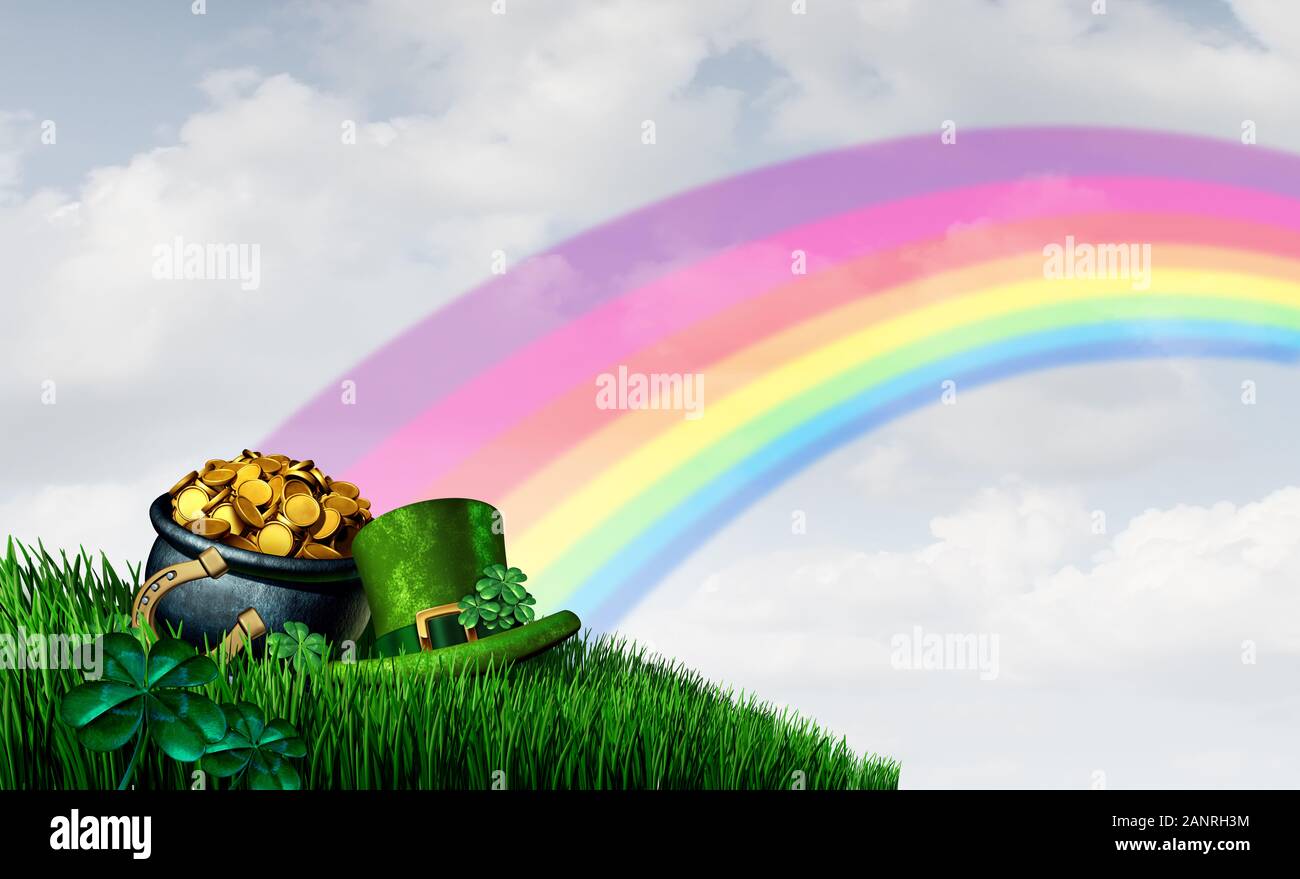 Lucky Pot of gold rainbow as a Saint Patrick day holiday symbol with clover leaves and luck of the Irish horseshoe on grass as a 3D illustration. Stock Photo