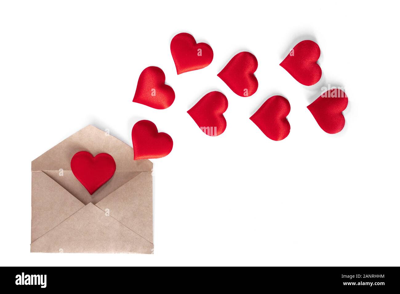 Valentine day love letter, envelope of white paper with red hearts heap ...