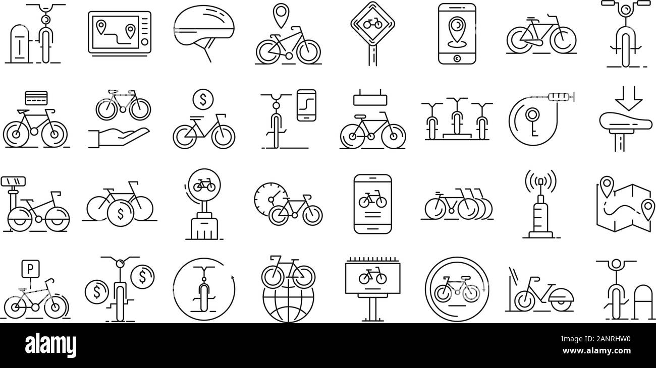Rent a bike icons set. Outline set of rent a bike vector icons for web design isolated on white background Stock Vector