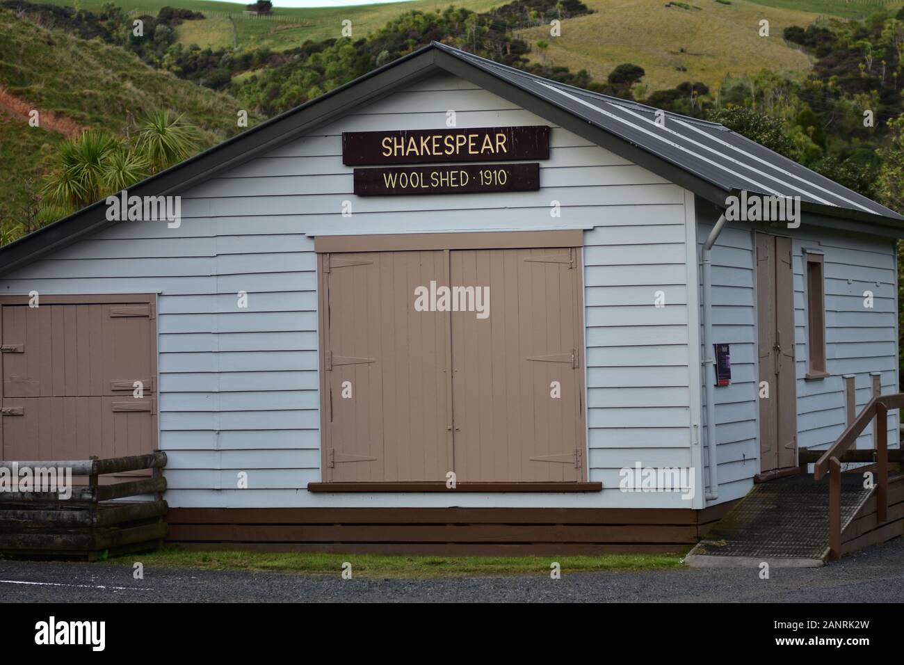 Preserved vintage wooden woolshed of Shakespear family on Whangaparaoa Peninsula from beginning of twentieth century. Stock Photo
