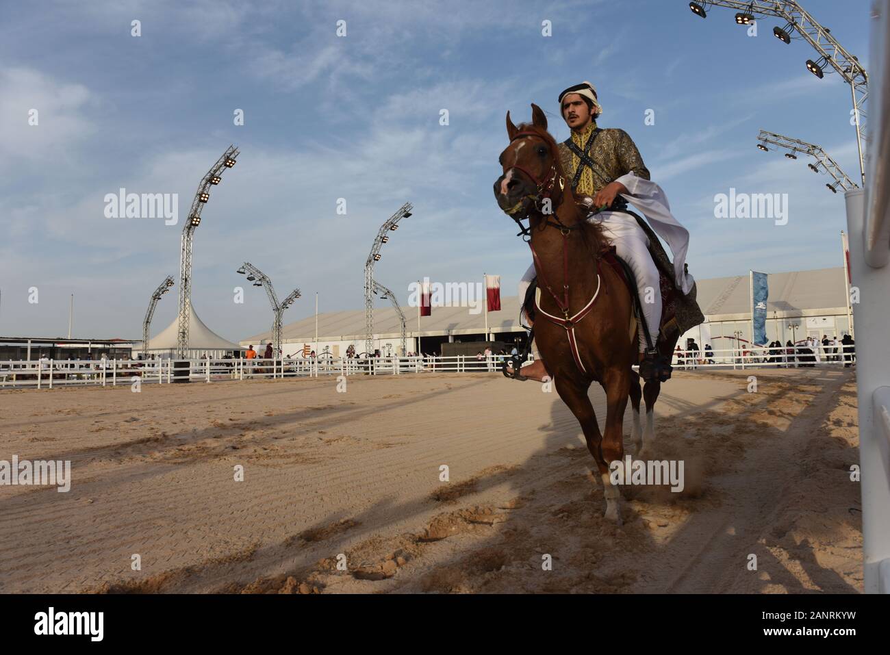 Qatari riding horse at Darb Al Saai in Qatar National day Stock Photo