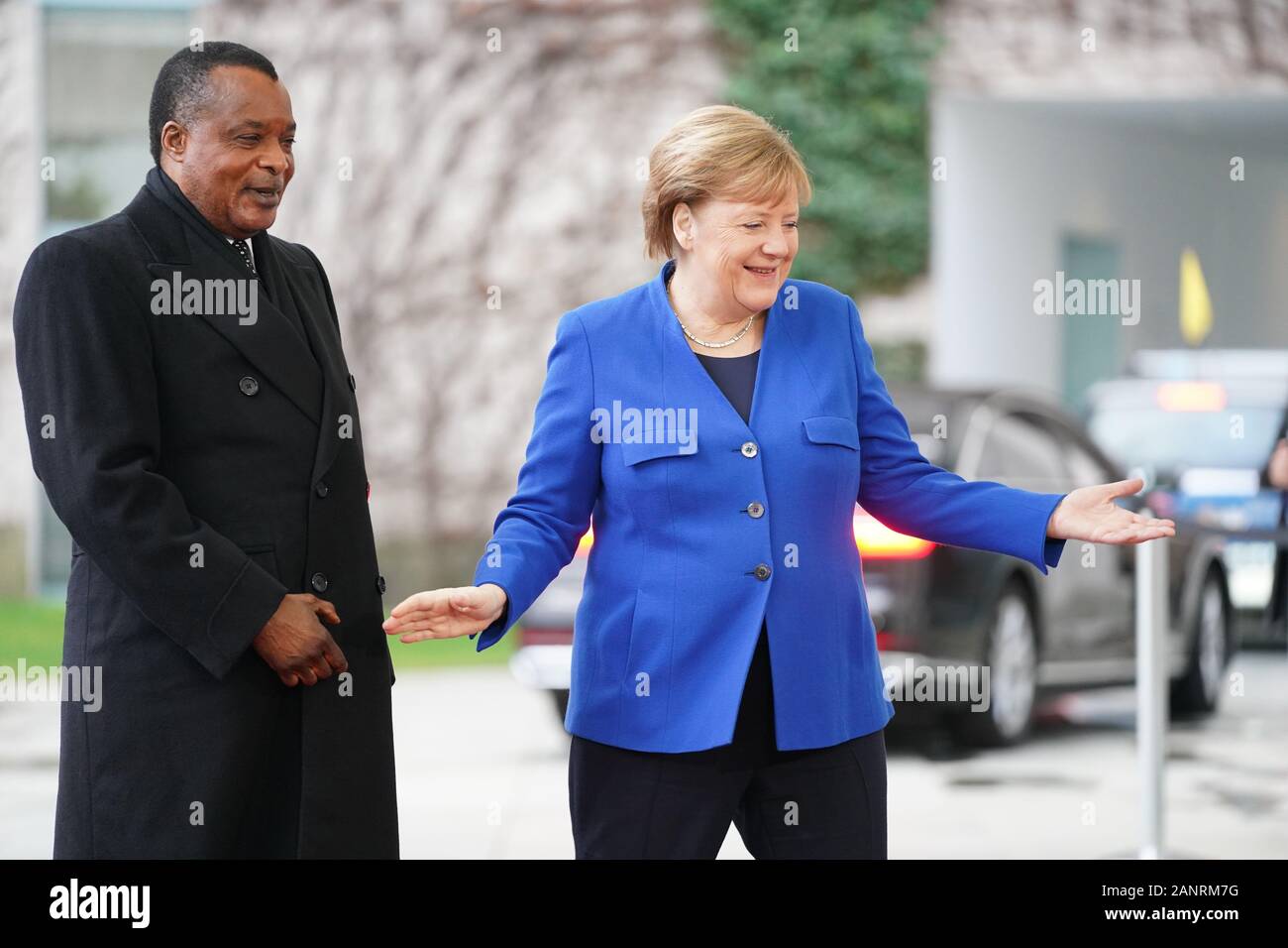 Berlin, Germany. 19th Jan, 2020. Federal Chancellor Angela Merkel (CDU) receives Denis Sassou-Nguesso, President of the Republic of Congo, in front of the Federal Chancellery for the Libya Conference. The aim of the conference is a lasting ceasefire in the civil war country. Credit: Kay Nietfeld/dpa/Alamy Live News Stock Photo