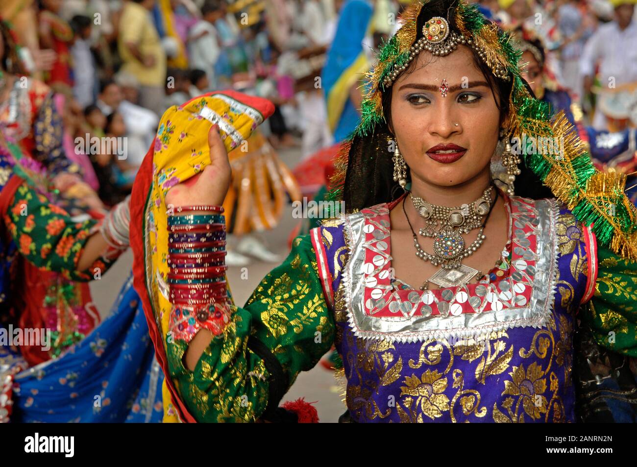 Teej festival, Indian culture, Rajasthani woman dancing in traditional costume. Rajasthan, India