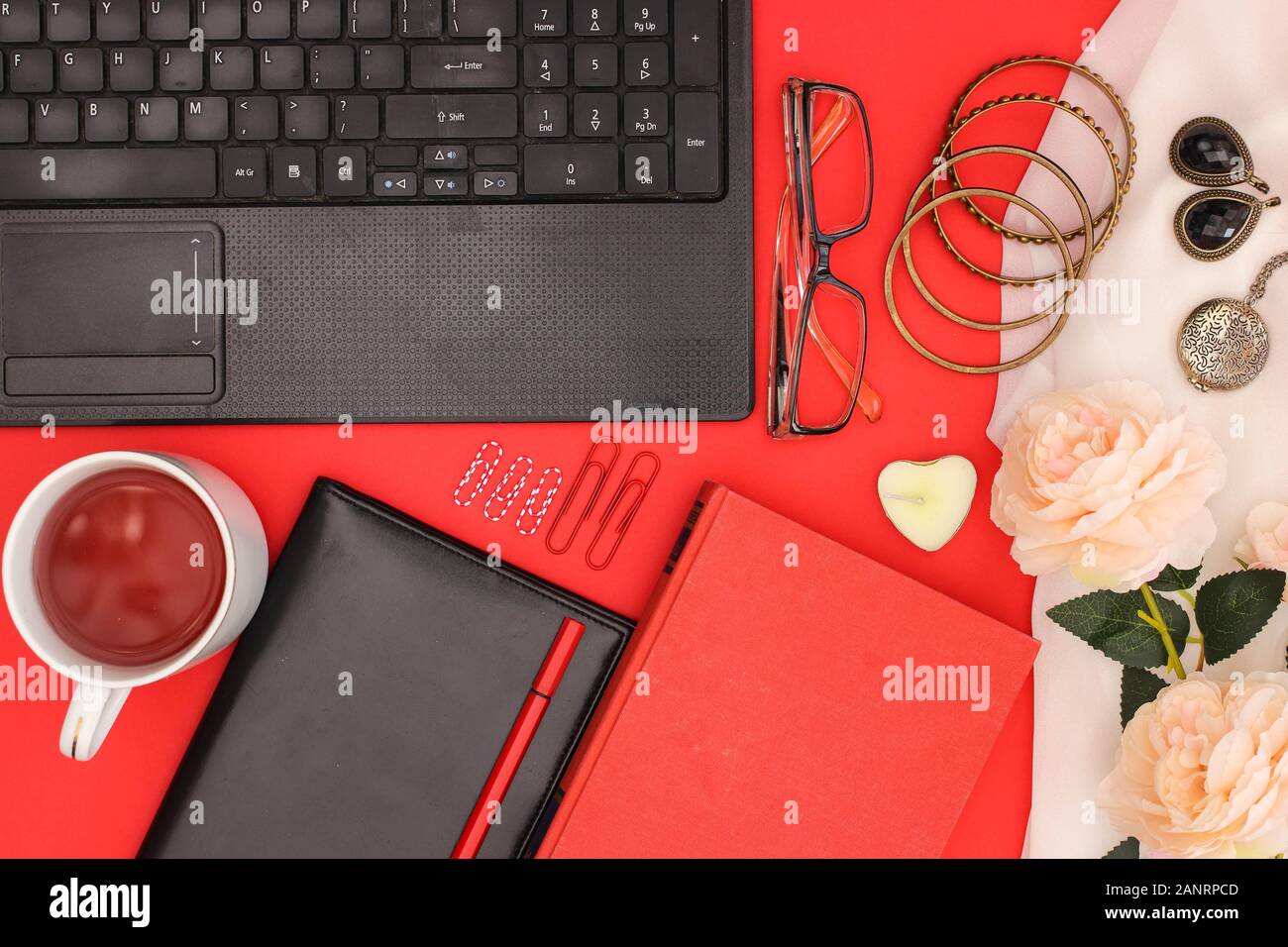 Girly romantic feminine office business and finance work space Stock Photo