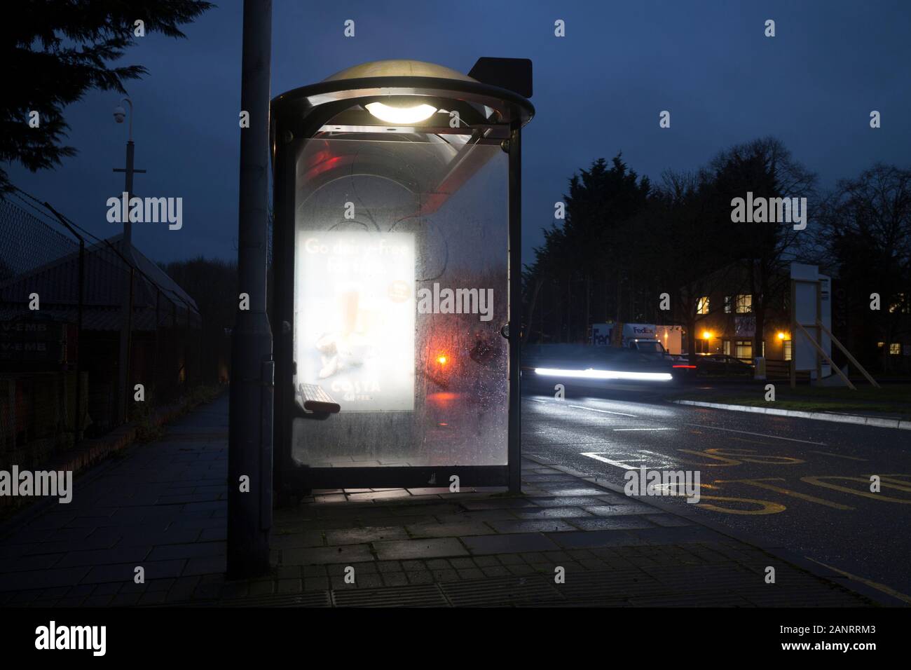 A bus shelter at night, Warwick, UK Stock Photo