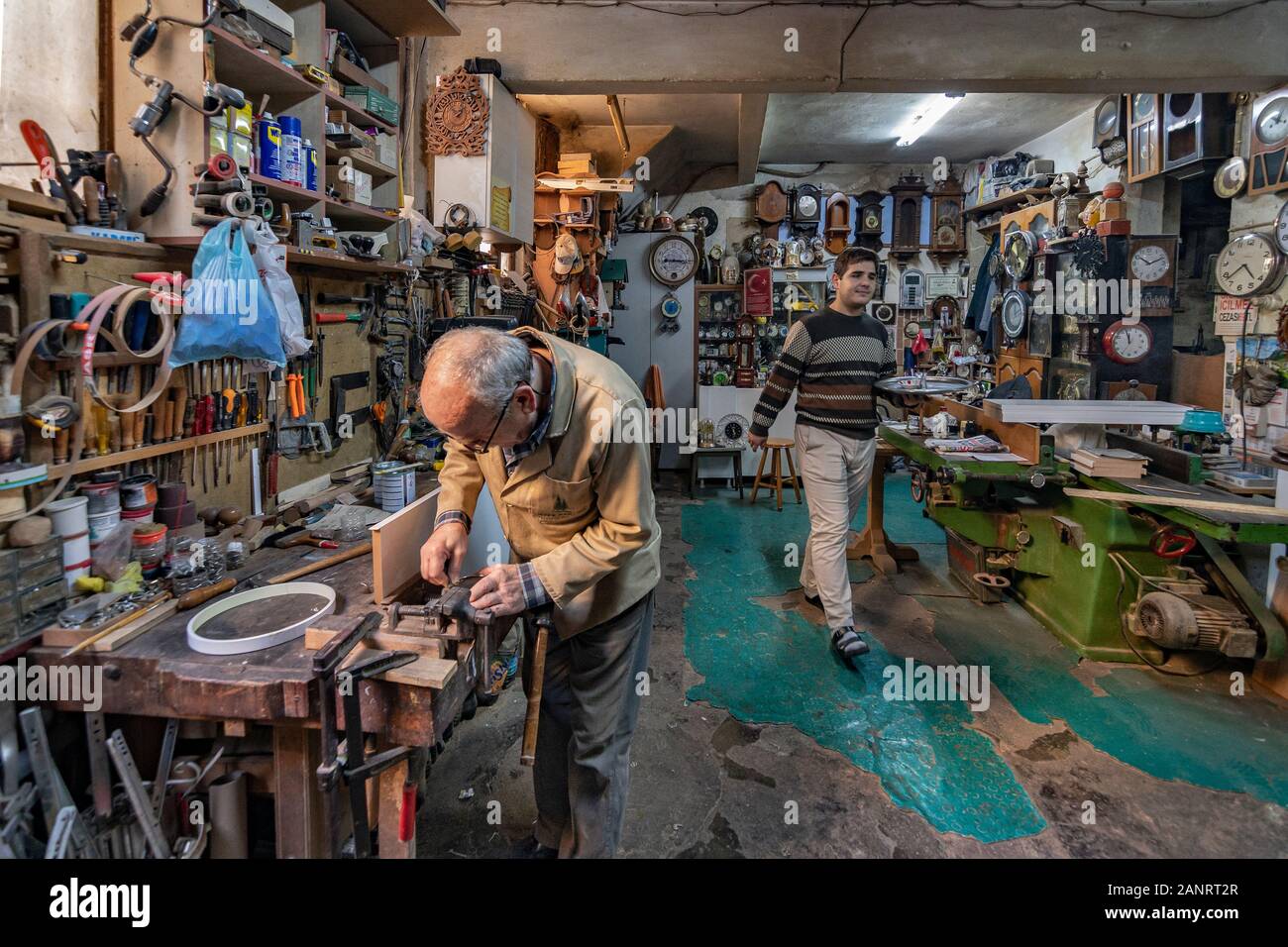 Old Clock Repair store in Eminonu ,Istanbul, Turkey Stock Photo