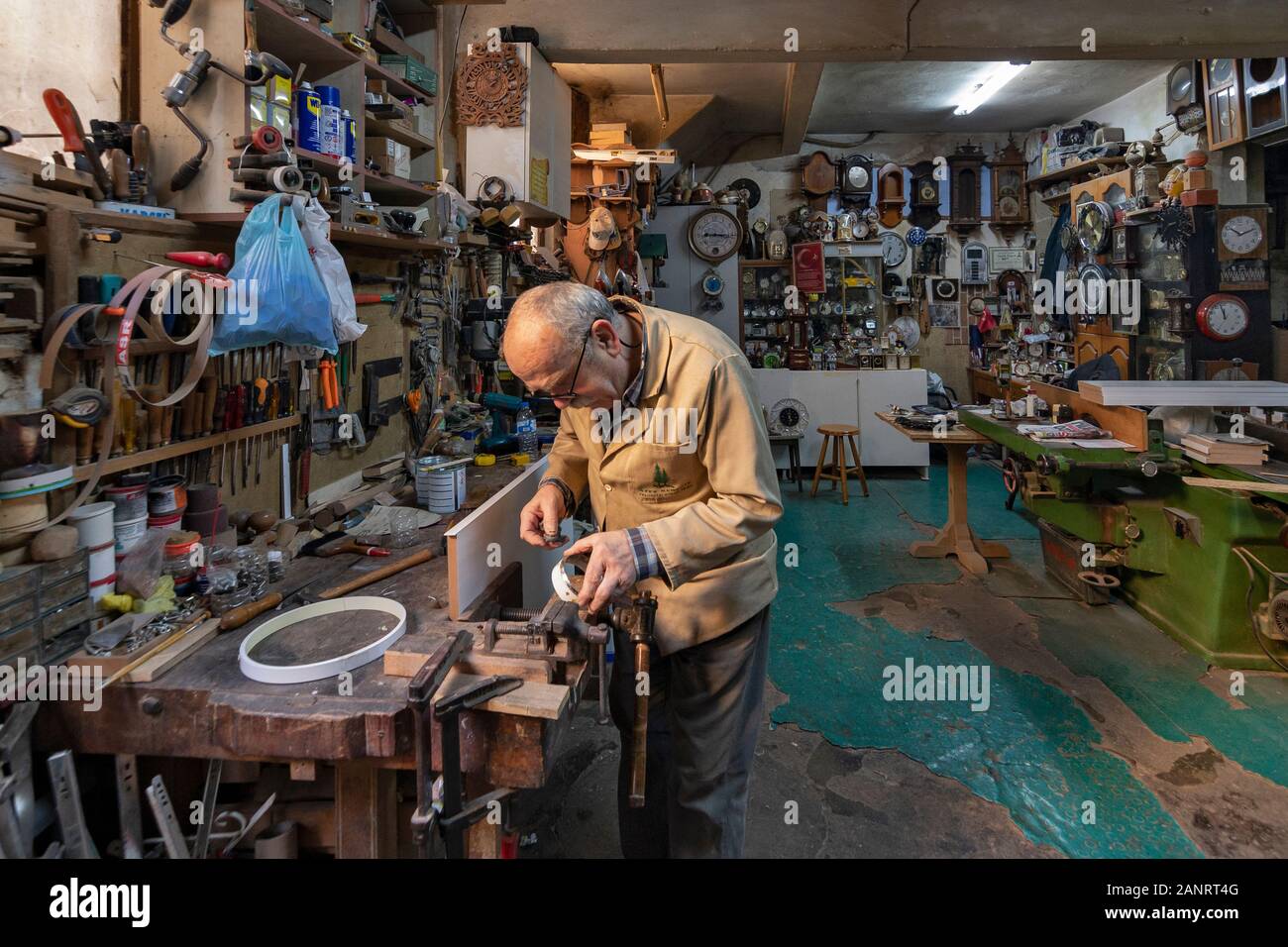 Old Clock Repair store in Eminonu ,Istanbul, Turkey Stock Photo