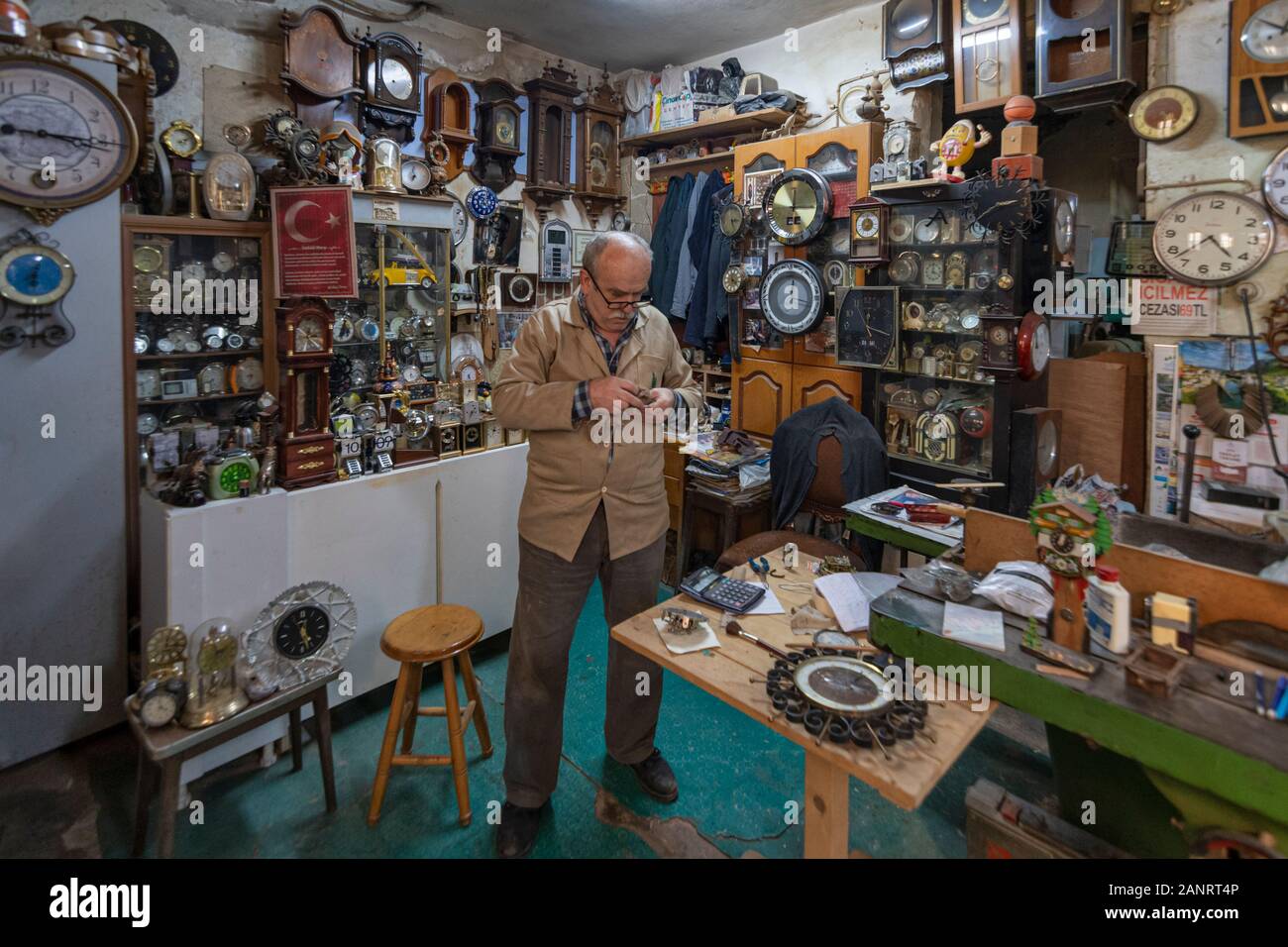 Old Clock Repair store in Eminonu ,Istanbul, Turkey Stock Photo