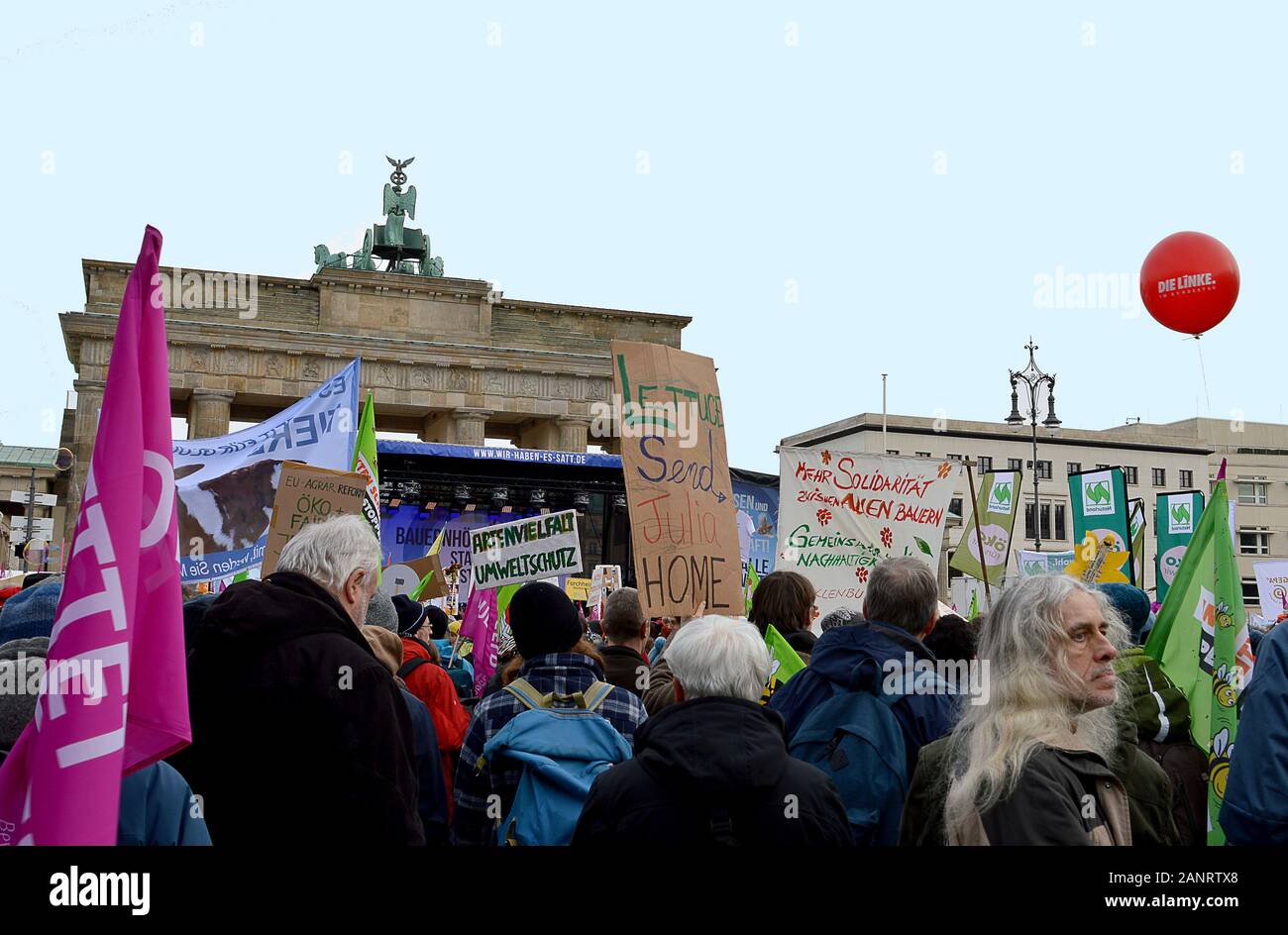 BERLIN, GERMANY - 18 JANUARY 2020: Green protesters with a variety of grievances gather at the Brandenburg Gate during International Green Week 2020 Stock Photo