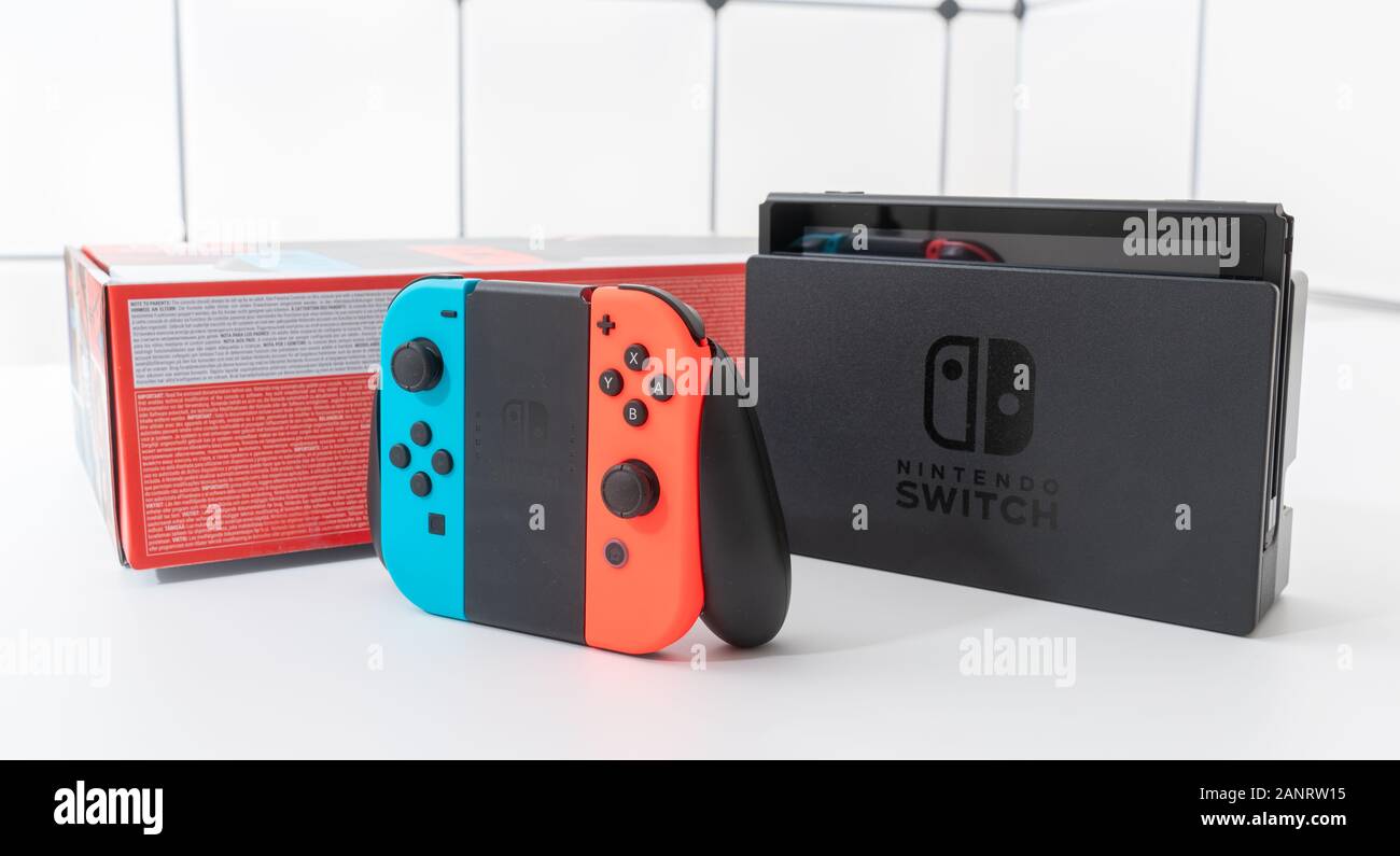 Nintendo Switch video game console developed by Nintendo, released on March  3, 2017 on a white background. Germany, Berlin - June 30, 2019: Nintendo  Switch Joy-con controller on a white background Stock Photo