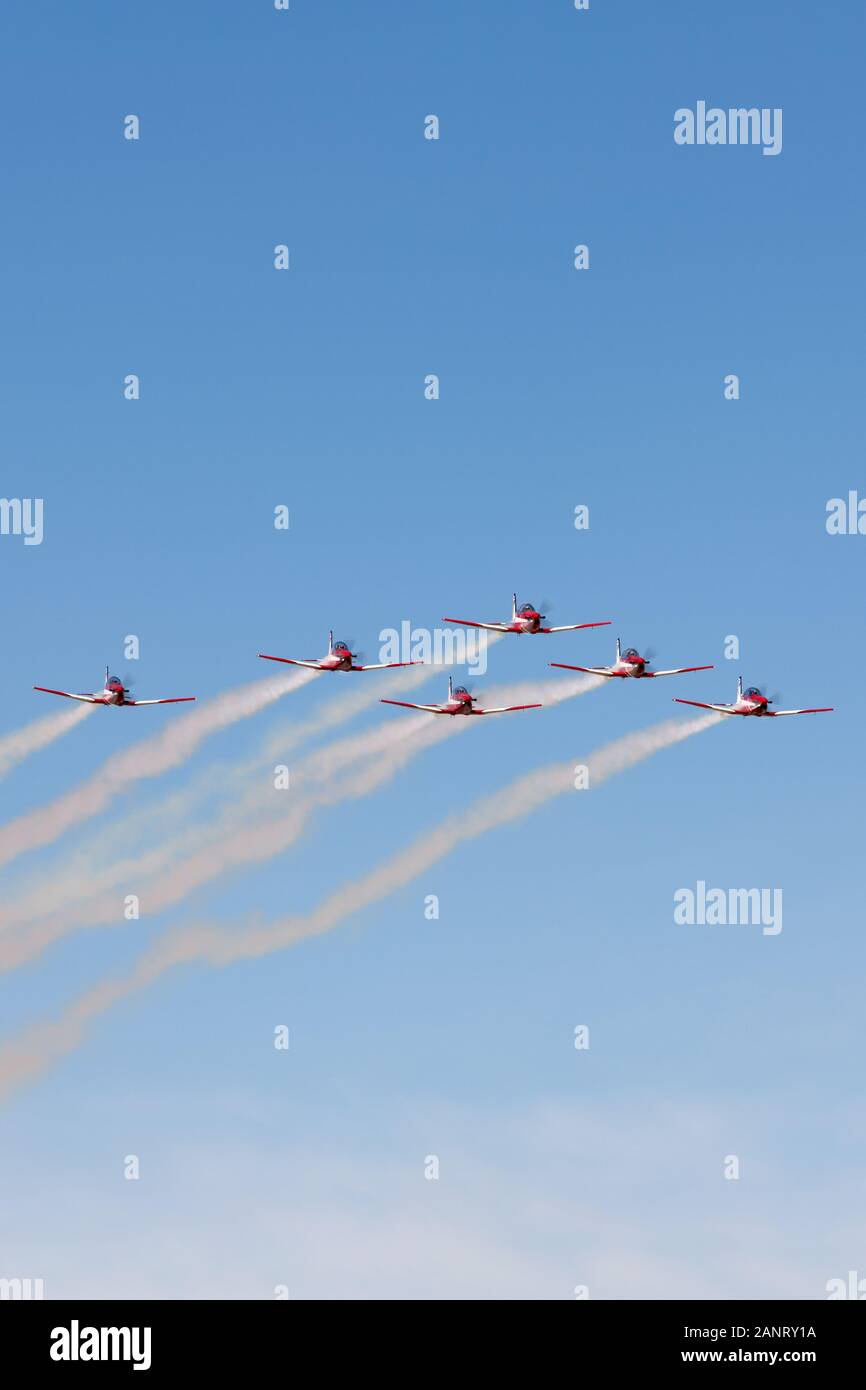 Royal Australian Air Force (RAAF) Roulettes formation aerobatic display team flying Pilatus P-9A military trainer aircraft. Stock Photo