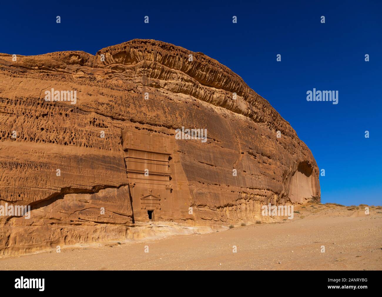 Nabataean tomb in al-Hijr archaeological site in Madain Saleh, Al Madinah Province, Alula, Saudi Arabia Stock Photo