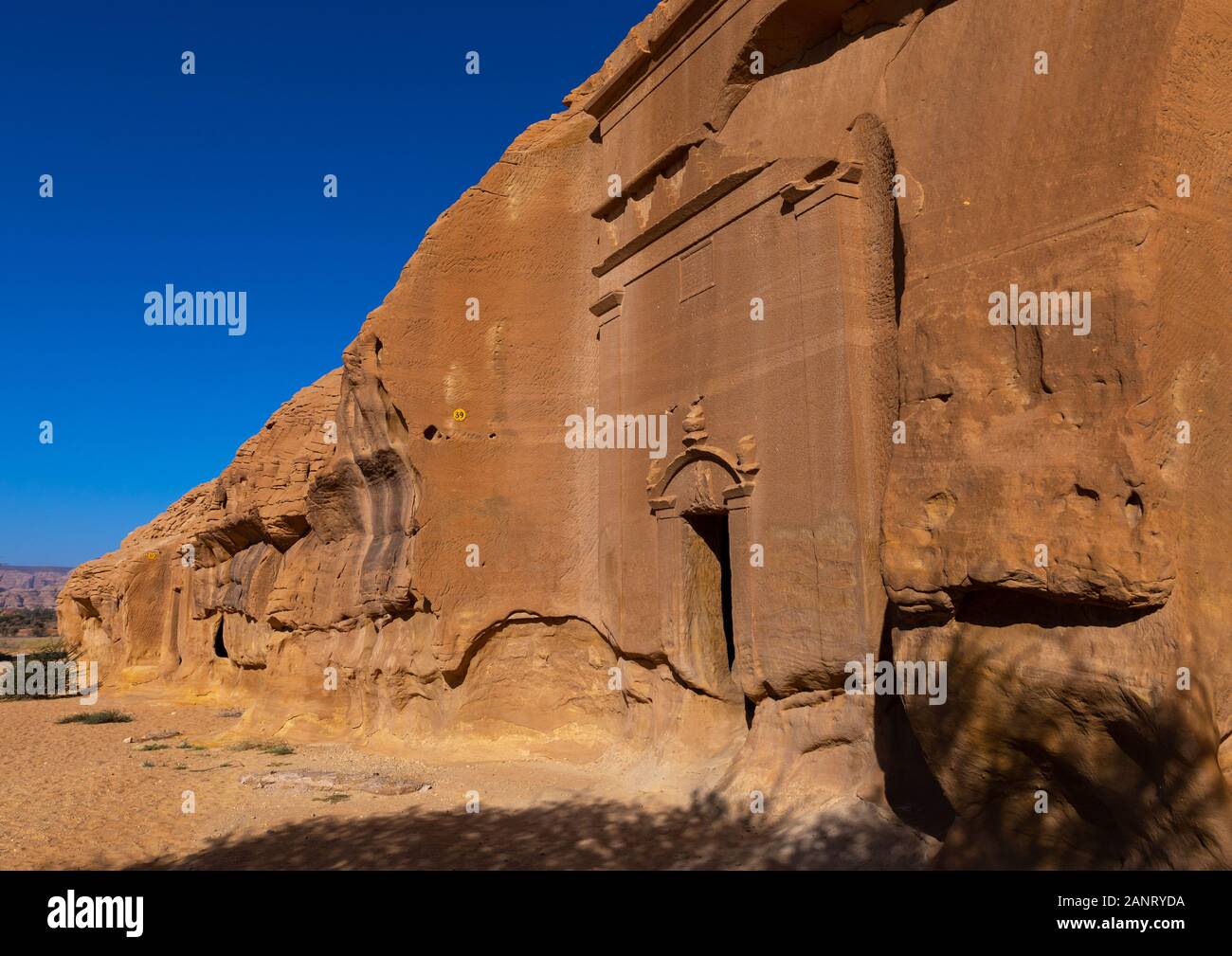 Nabataean tomb in al-Hijr archaeological site in Madain Saleh, Al Madinah Province, Alula, Saudi Arabia Stock Photo