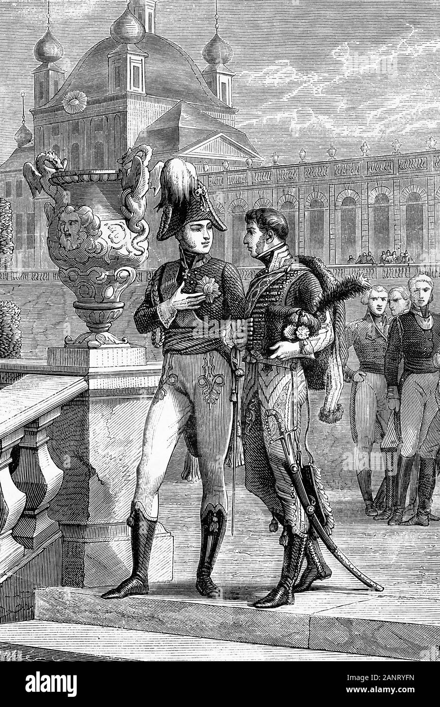 General Duroc's conference with emperor Alexander I of Russia. Napoleonic wars. Antique illustration. 1890. Stock Photo