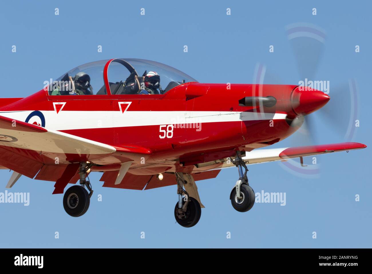 Pilatus PC-9A Trainer aircraft A23-058 from the Royal Australian Air Force (RAAF) Roulettes formation aerobatic display team. Stock Photo