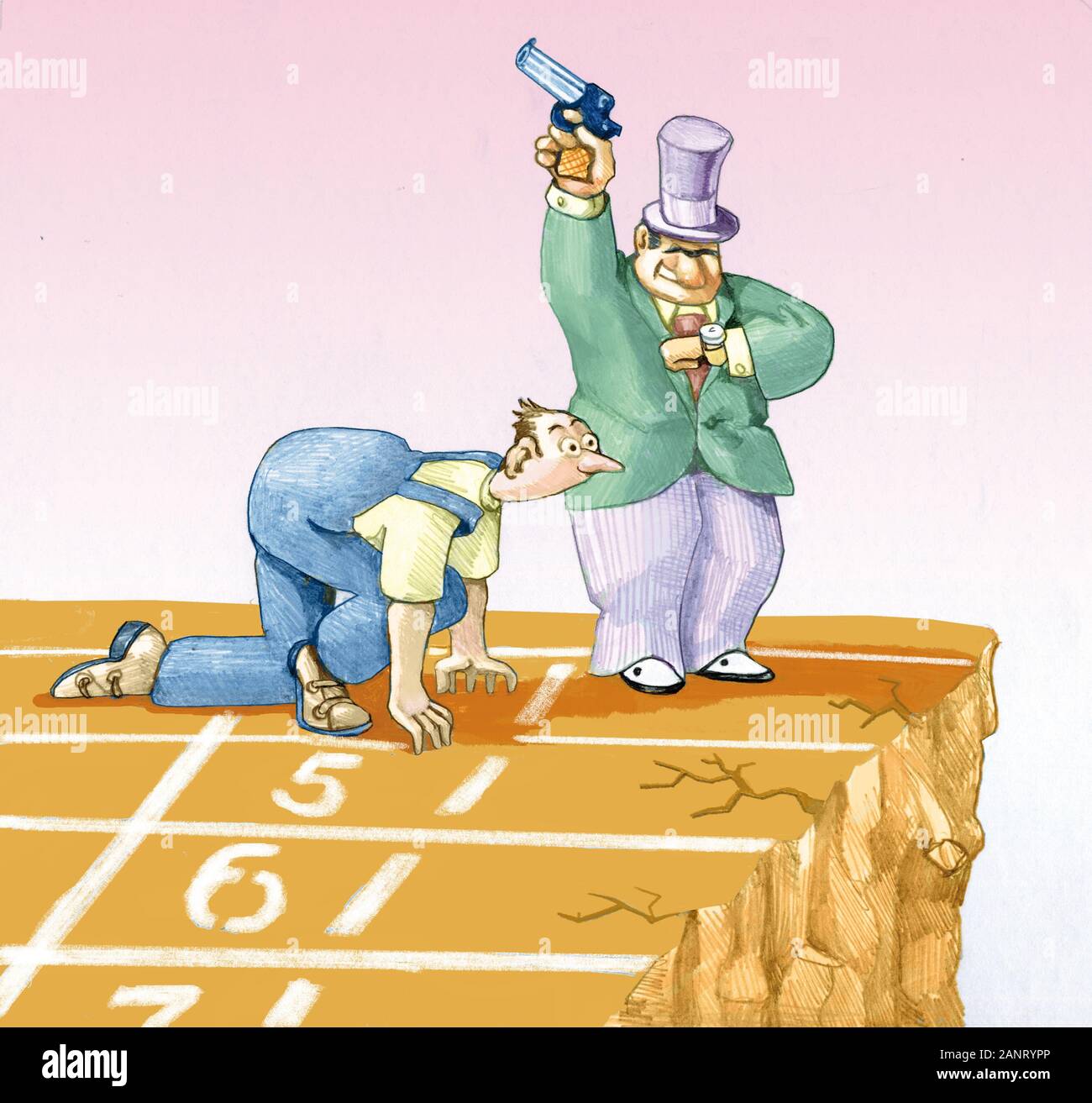 a rich industrialist obliges a worker to run towards a gulf concept of errors in labor management Stock Photo