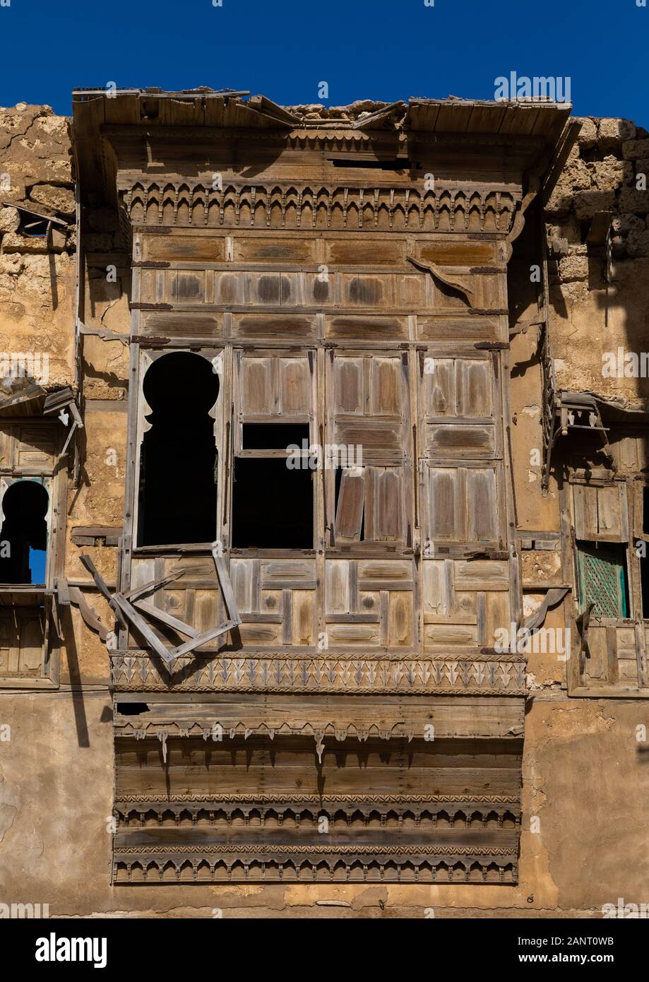 Historic dilapidated house with wooden mashrabiyas, Al Madinah Province