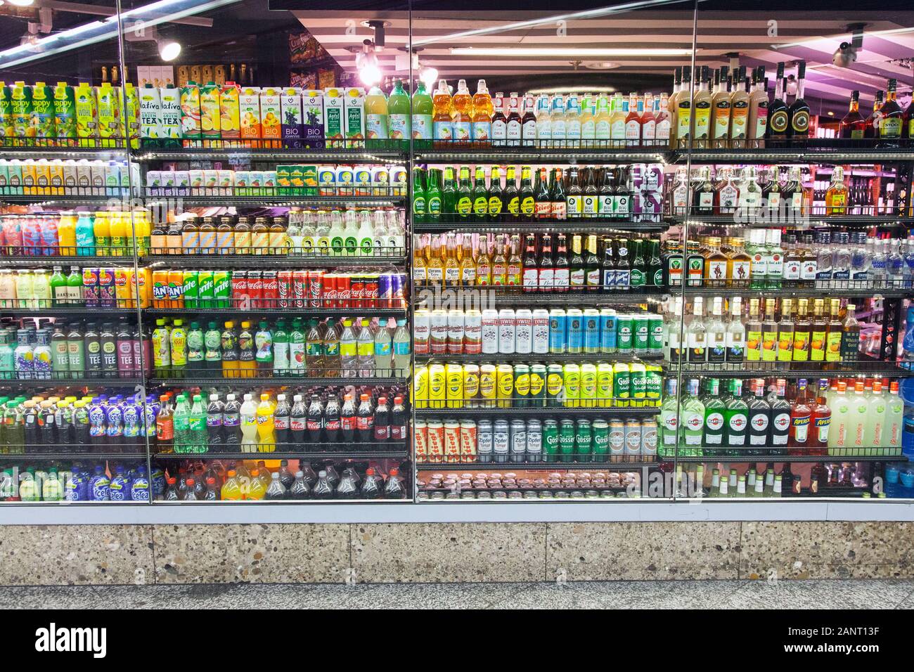 Canned and bottled drinks display, Schottentor station, University Station, Vienna, Austria. Stock Photo