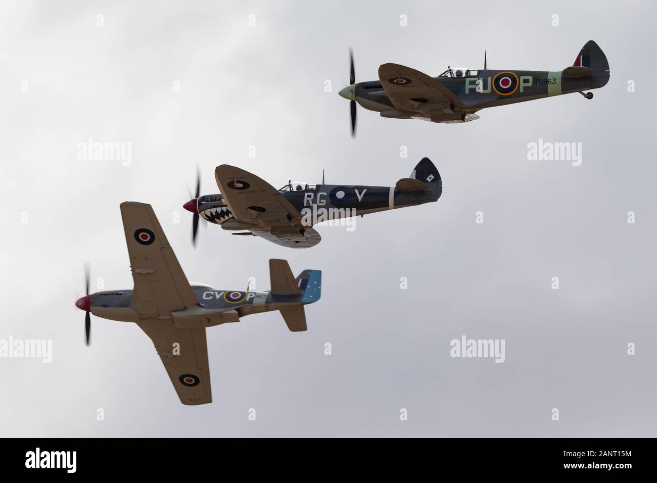 Commonwealth Aircraft Corporation CA-18 Mustang (North American P-51D Mustang) in flying formation with two Supermarine Spitfires. Stock Photo