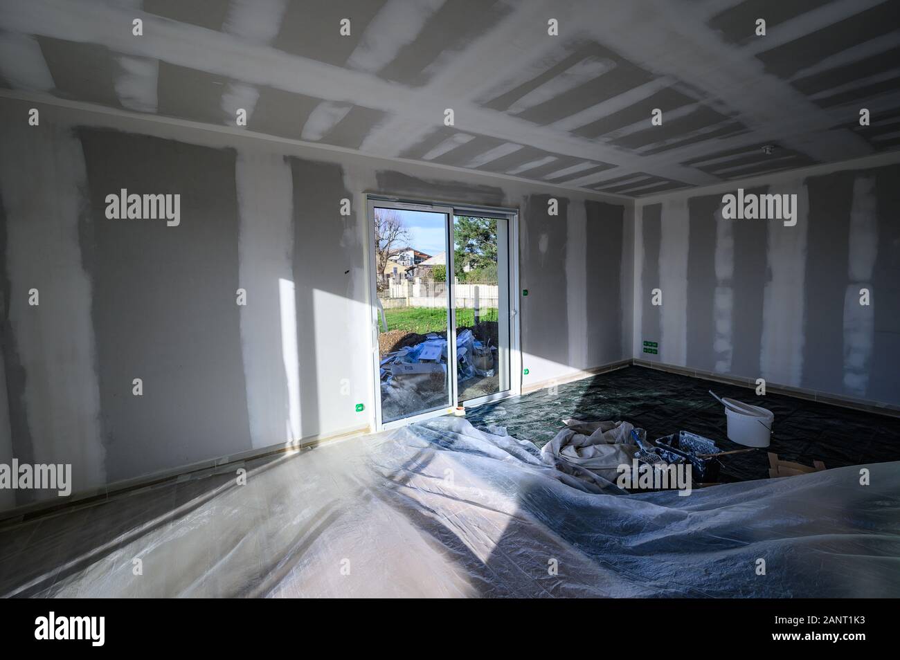 View of gypsum wall with joints at building site Stock Photo Alamy