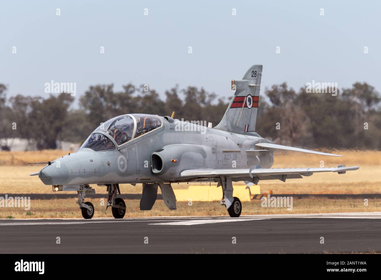 Royal Australian Air Force (RAAF) BAE Hawk 127 lead in fighter trainer aircraft A27-28 from No. 76 Squadron based at RAAF Base Williamtown. Stock Photo