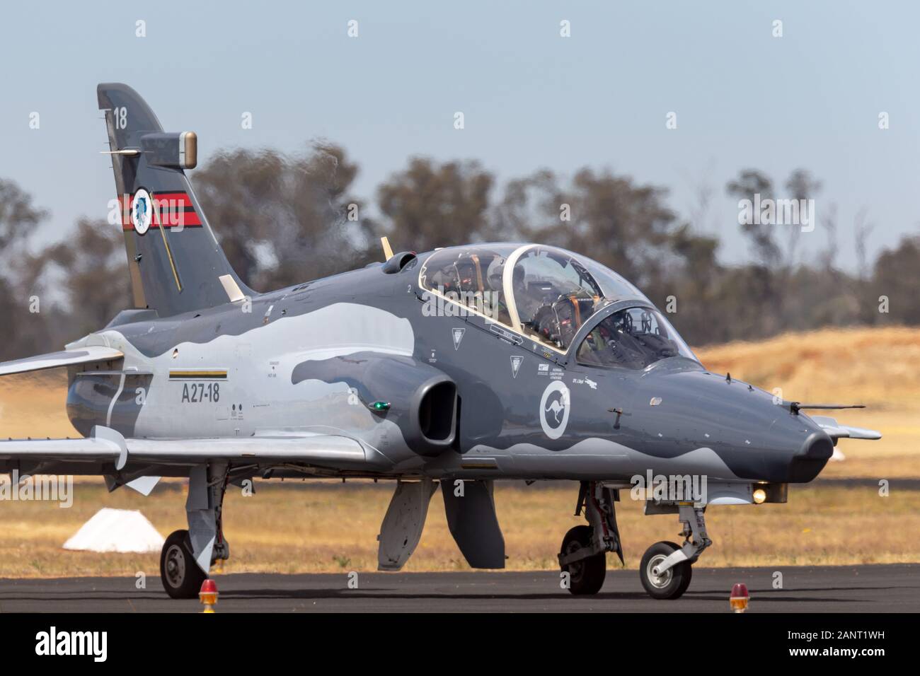 Royal Australian Air Force (RAAF) BAE Hawk 127 lead in fighter trainer aircraft A27-18 from No. 76 Squadron based at RAAF Base Williamtown. Stock Photo