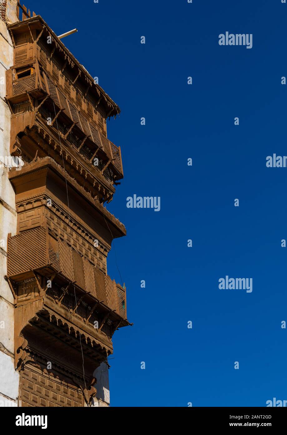 Historic house with wooden mashrabiyas in al-Balad quarter, Mecca province, Jeddah, Saudi Arabia Stock Photo