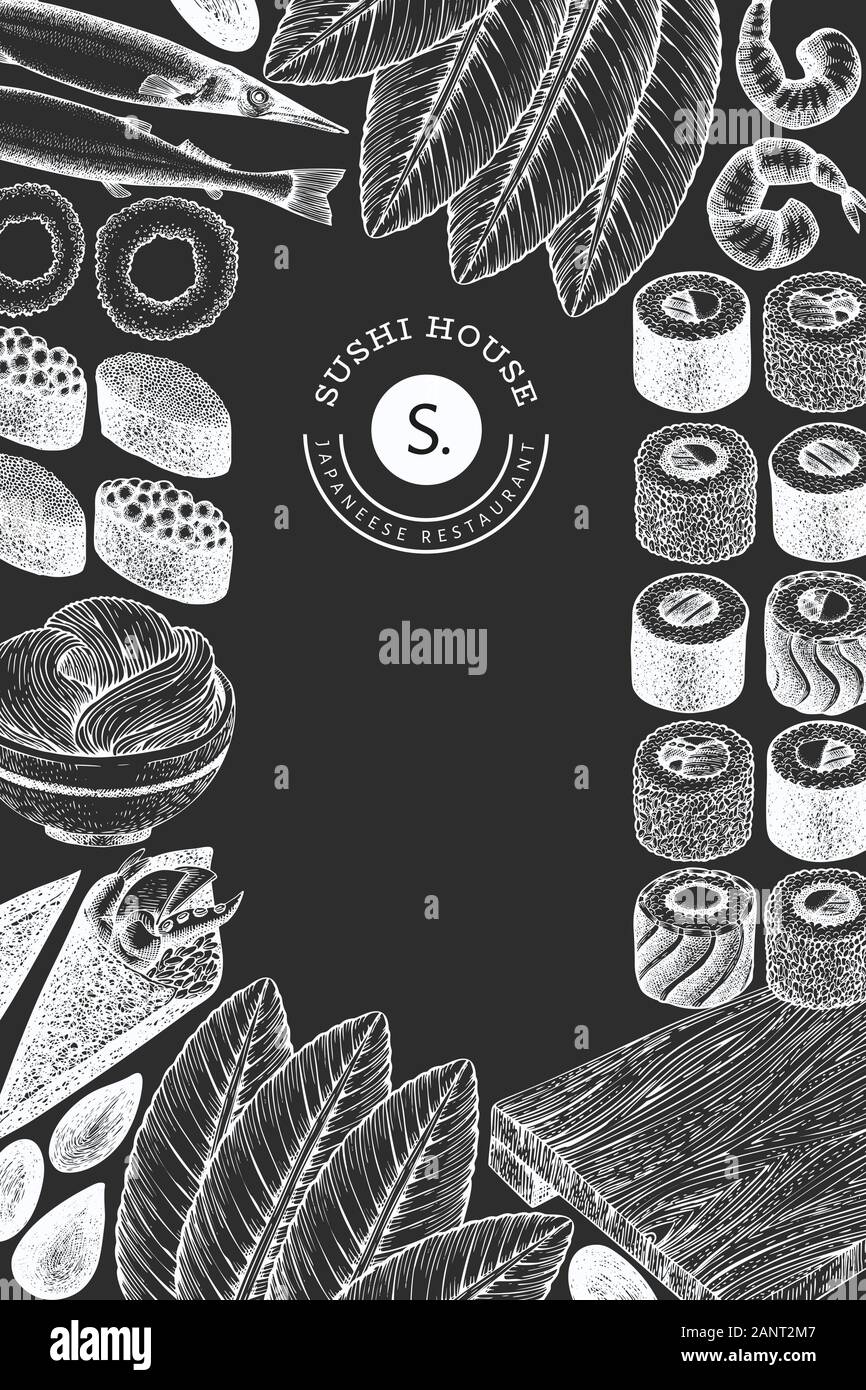 Japanese cuisine design template. Sushi hand drawn vector illustration ...