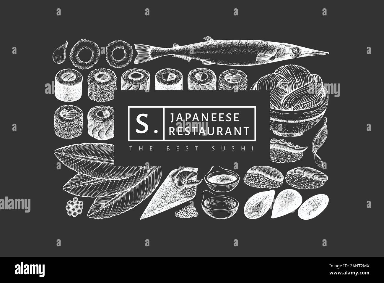 Japanese cuisine design template. Sushi hand drawn vector illustration ...