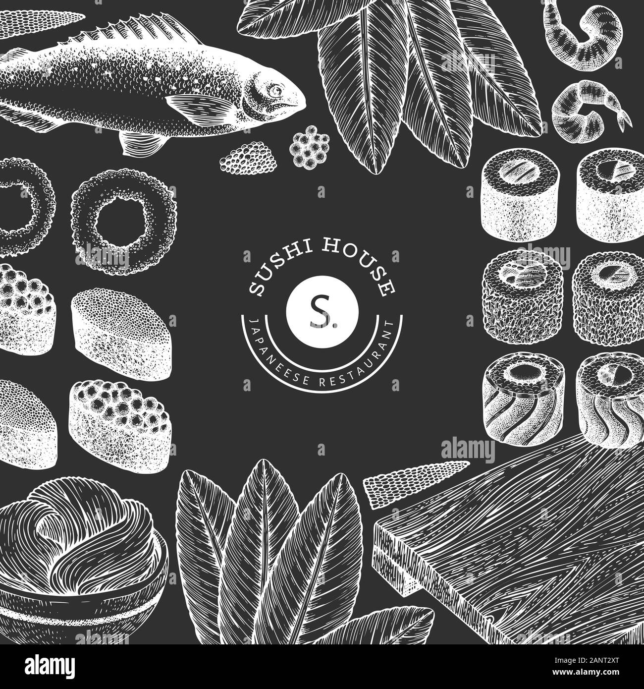 Japanese cuisine design template. Sushi hand drawn vector illustration ...