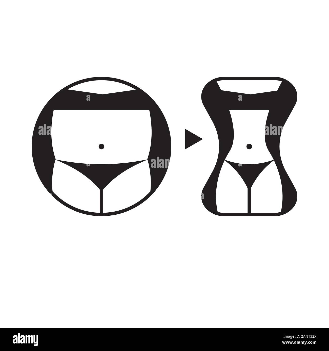 Female body before and after weight loss, comparison of large belly and slim waist. Vector
