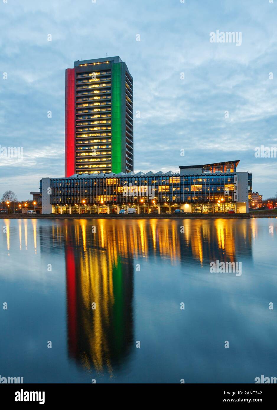Provinciehuis (province house) North Brabant and its reflection in the water at sunset. 's-Hertogenbosch, The Netherlands. Stock Photo