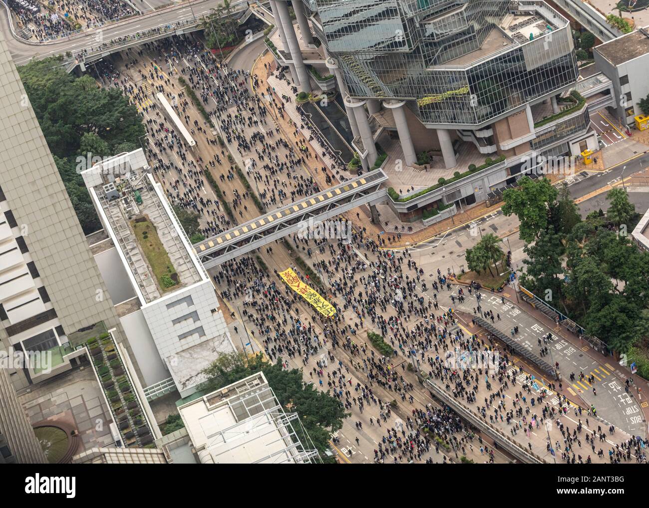Birds eye footage of the massive New Year’s Day (1st January 2020) pro-democracy march organised by the Civil Human Rights Front Stock Photo