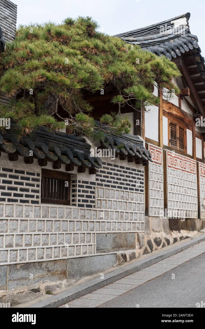 Detail of building in Bukchon Hanok Village, a Korean traditional ...