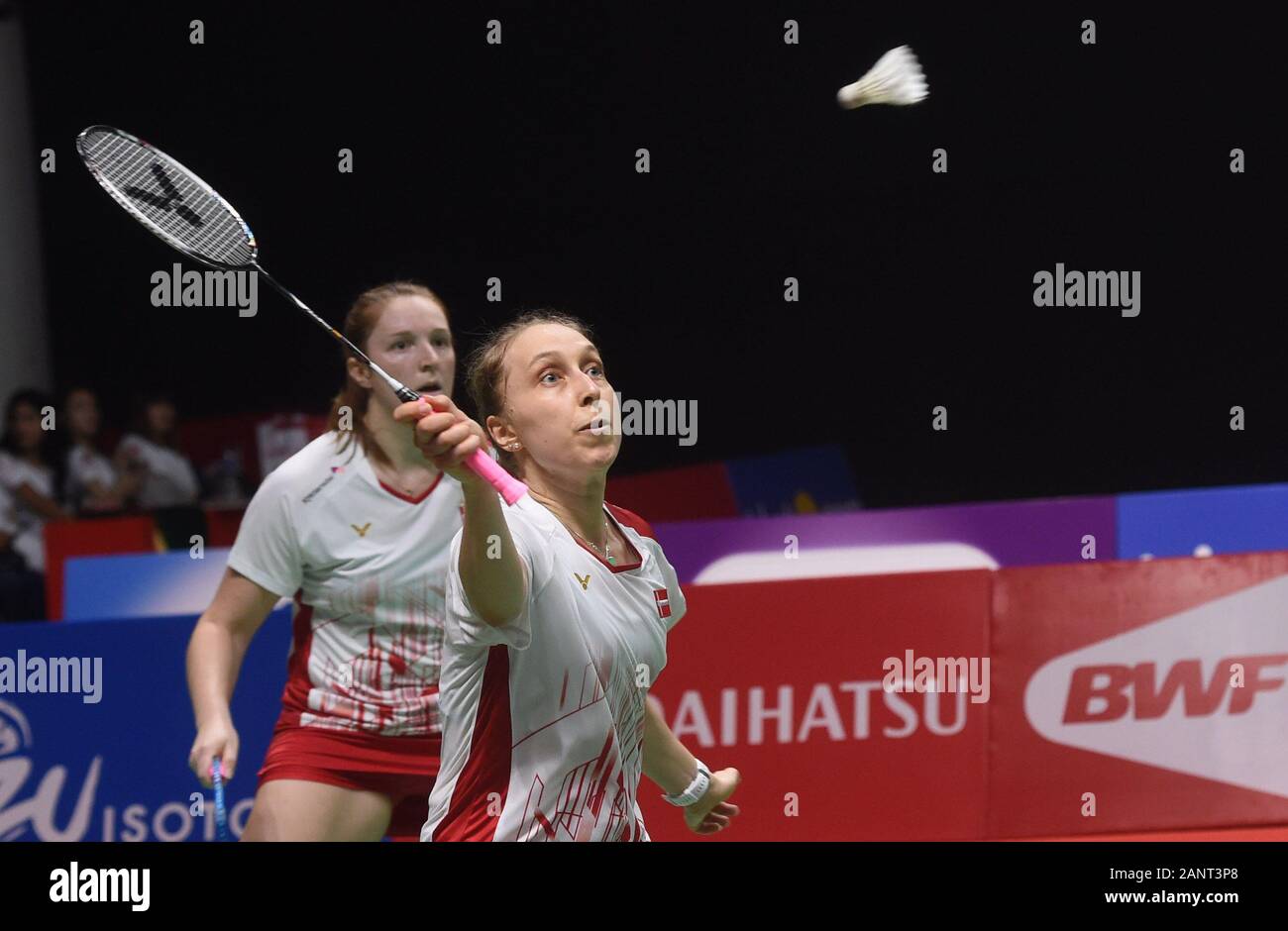 Jakarta, Indonesia. 19th Jan, 2020. Maiken Fruergaard/Sara Thygesen (Front)  of Denmark compete during the women's doubles final match against Greysia  Polii/Apriyani Rahayu of Indonesia at Indonesia Masters 2020 badminton  tournament in Jakarta,