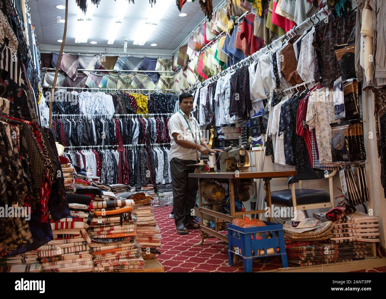 Indian tailor in a shop, Jizan province, Addayer, Saudi Arabia Stock Photo
