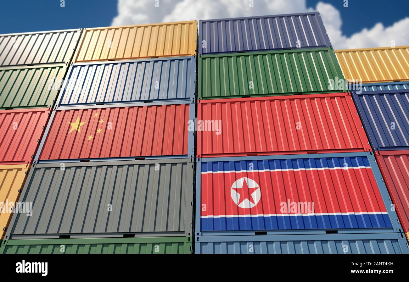 Container Terminal - Freight container with different national flag ...