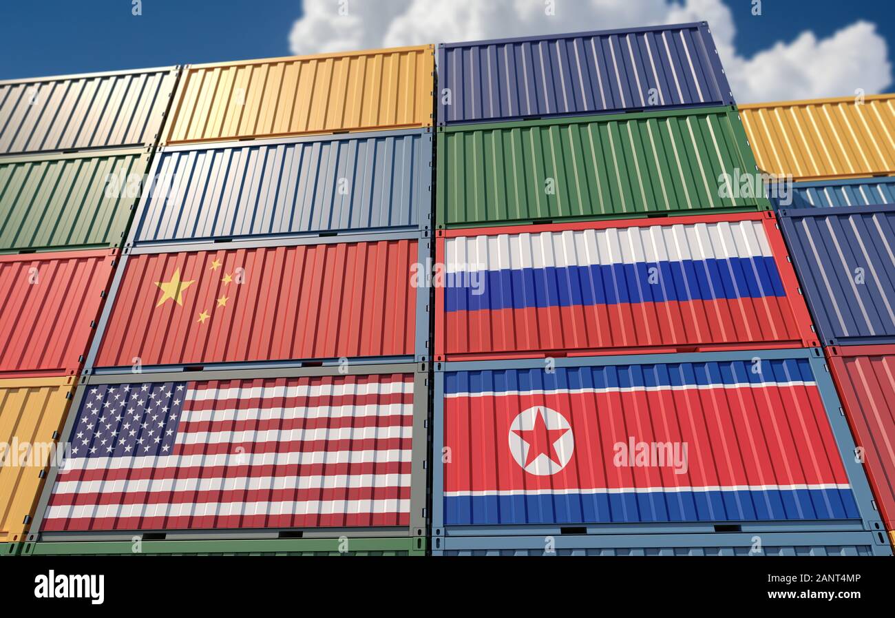 Container Terminal - Freight container with different national flag ...